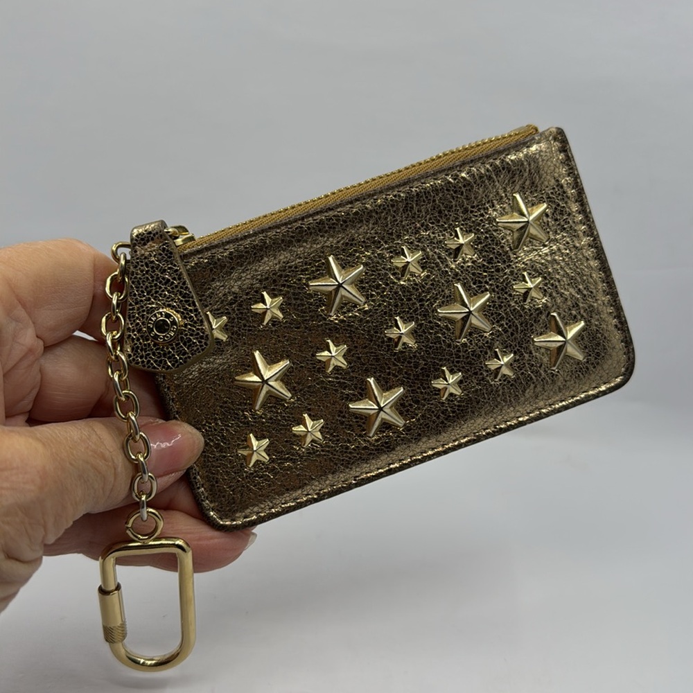 Jimmy Choo Leather Key cles Neptune Star Studs Metallic Gold Zipper Coin 19439 - Picture 2 of 5